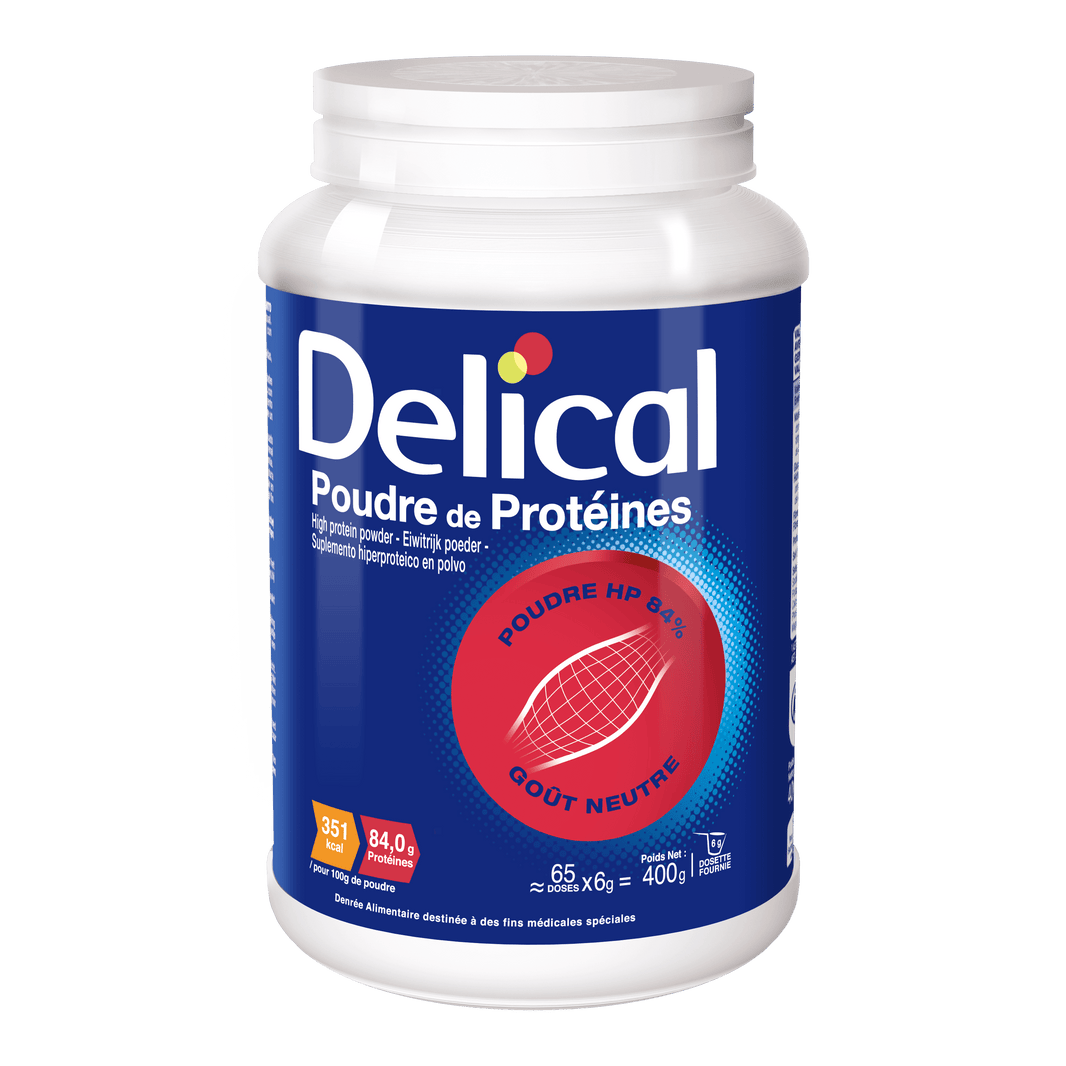 Delical Proteinpulver 400g Dose mit blauem Etikett und rotem Logo.