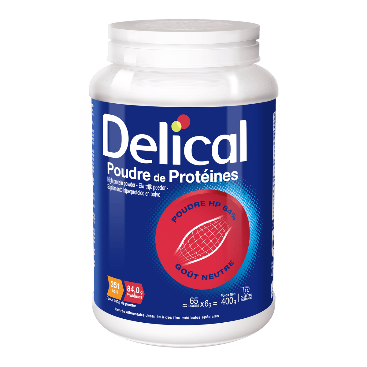 Delical Proteinpulver 400g Dose mit blauem Etikett und rotem Logo.