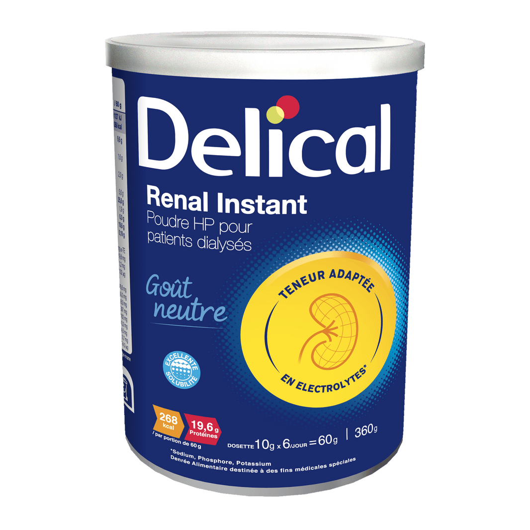 Delical Renal Instant Proteinpulverdose mit neutralem Geschmack und Elektrolytangabe.