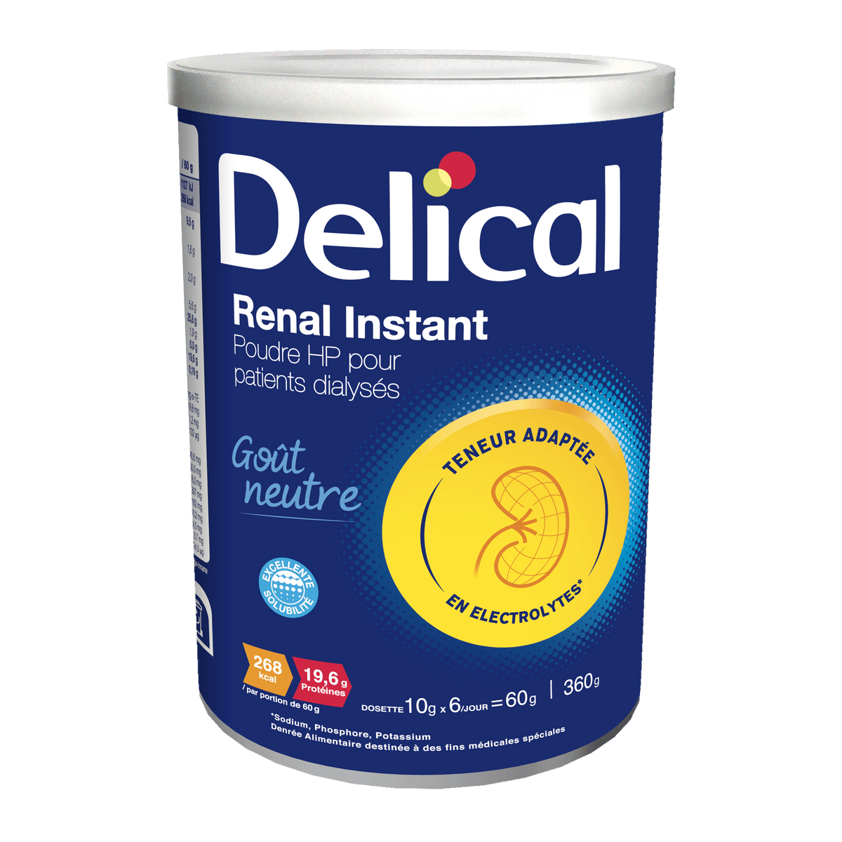 Delical Renal Instant Proteinpulverdose mit neutralem Geschmack und Elektrolytangabe.