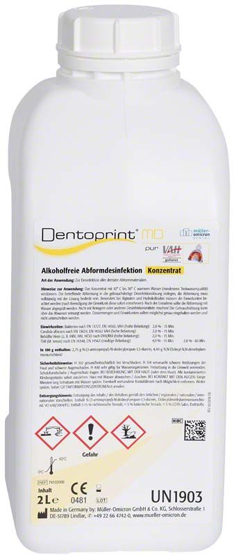 Alkoholfreies Desinfektionsmittel Dentoprint® MD pur, 2 Liter Flasche.