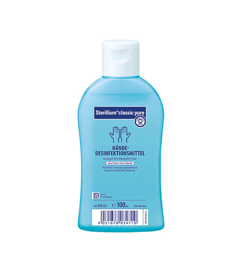Sterillium Classic Pure Händedesinfektionsmittel in blauer 100 ml Flasche.