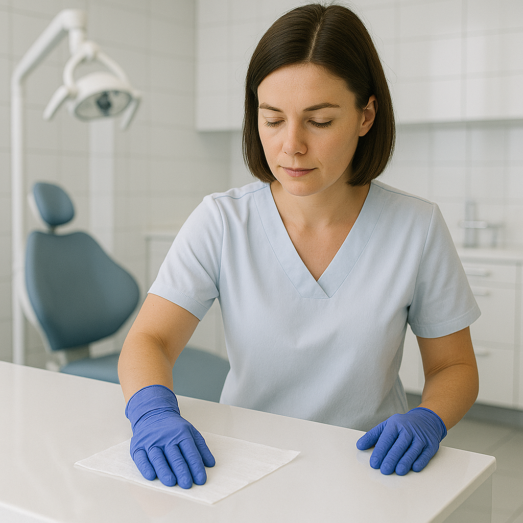 Frau mit blauen Handschuhen verwendet Desonova Desinfektionstücher auf Tisch.