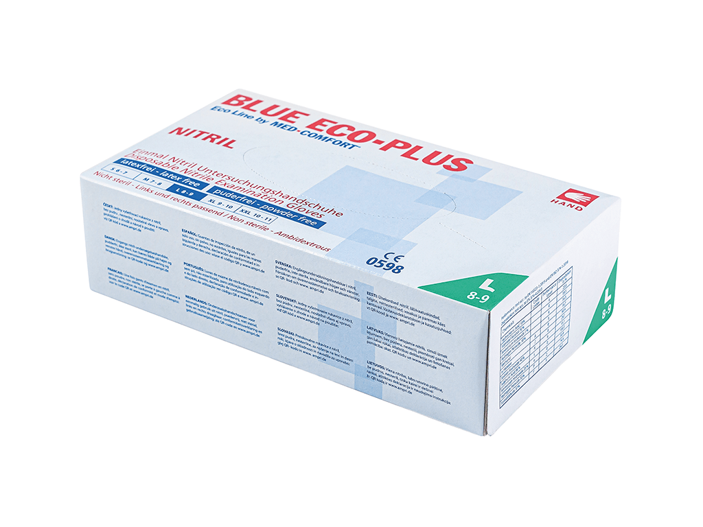 Blauer Karton der ECO Plus Nitrilhandschuhe, Größe L, puderfrei.