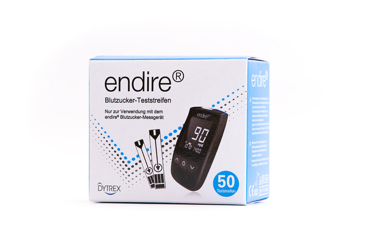 endire® Blutzucker-Teststreifen-Verpackung mit Messgerät-Abbildung und 50 Teststreifen.