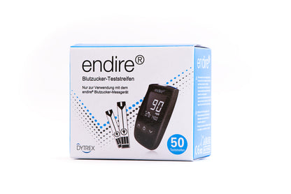 endire® Blutzucker-Teststreifen-Verpackung mit Messgerät-Abbildung und 50 Teststreifen.
