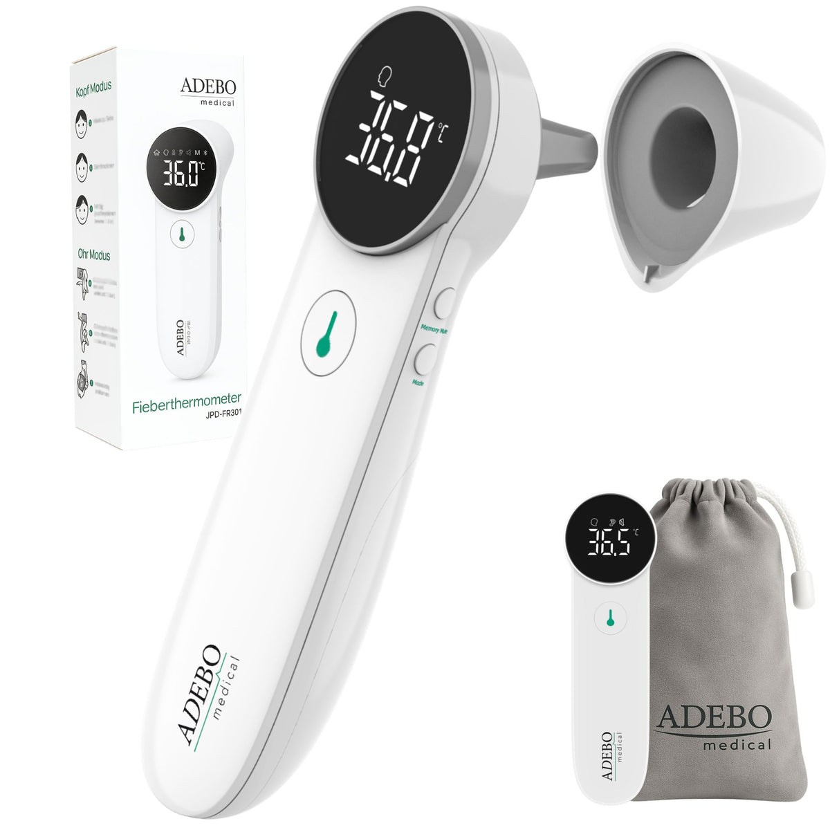 Digitales 2-in-1-Fieberthermometer mit abnehmbarem Ohradapter und LED-Anzeige.