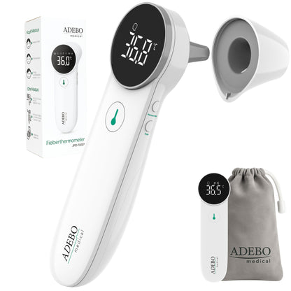 Digitales 2-in-1-Fieberthermometer mit abnehmbarem Ohradapter und LED-Anzeige.