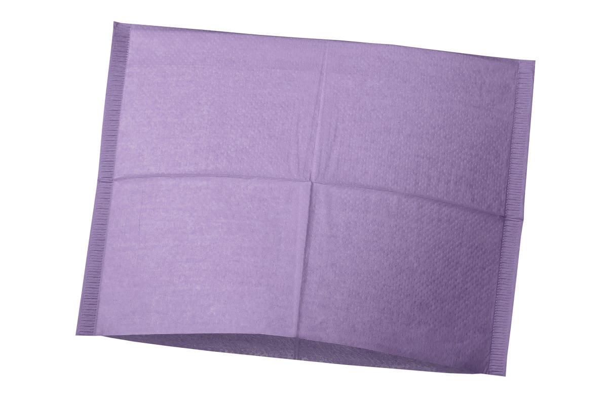 Lila Kopfstützenüberzug zur Verschmutzungsprävention bei Zahnartztstühlen, 25x33cm.