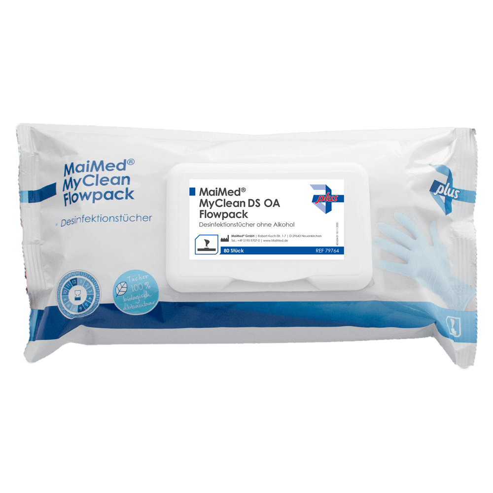 Desinfektionstücher ohne Alkohol im MyClean DS OA Flowpack von MaiMed