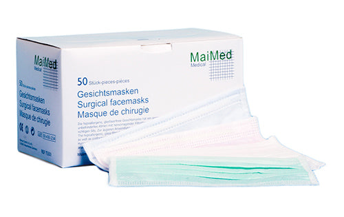 Verpackung mit 50 grünen Maimed Mundschutzmasken, 3-lagig mit Bindebändern.