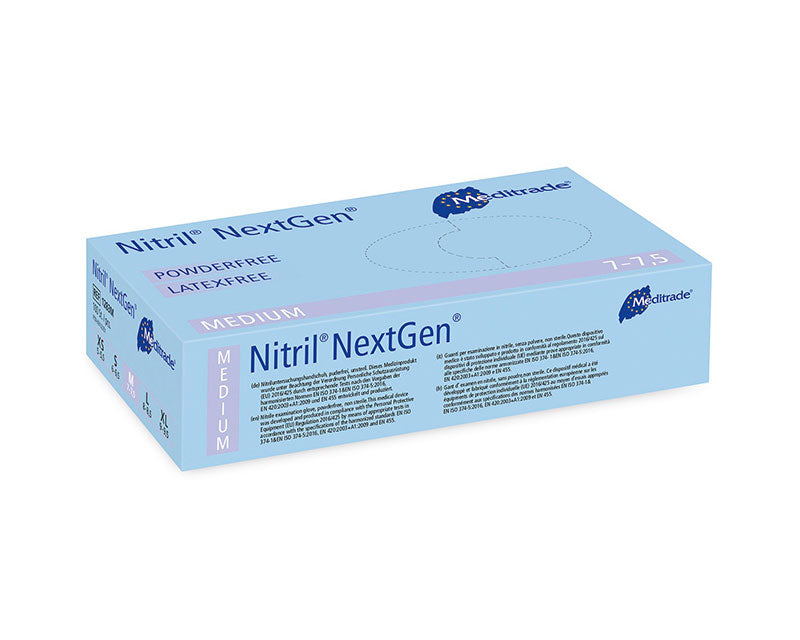 Blauer Karton Nitril NextGen Untersuchungshandschuhe der Marke Meditrade, Größe Medium.