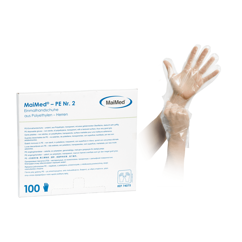 PE Einweghandschuhe gehämmert von Maimed in Verpackung, Größe S.