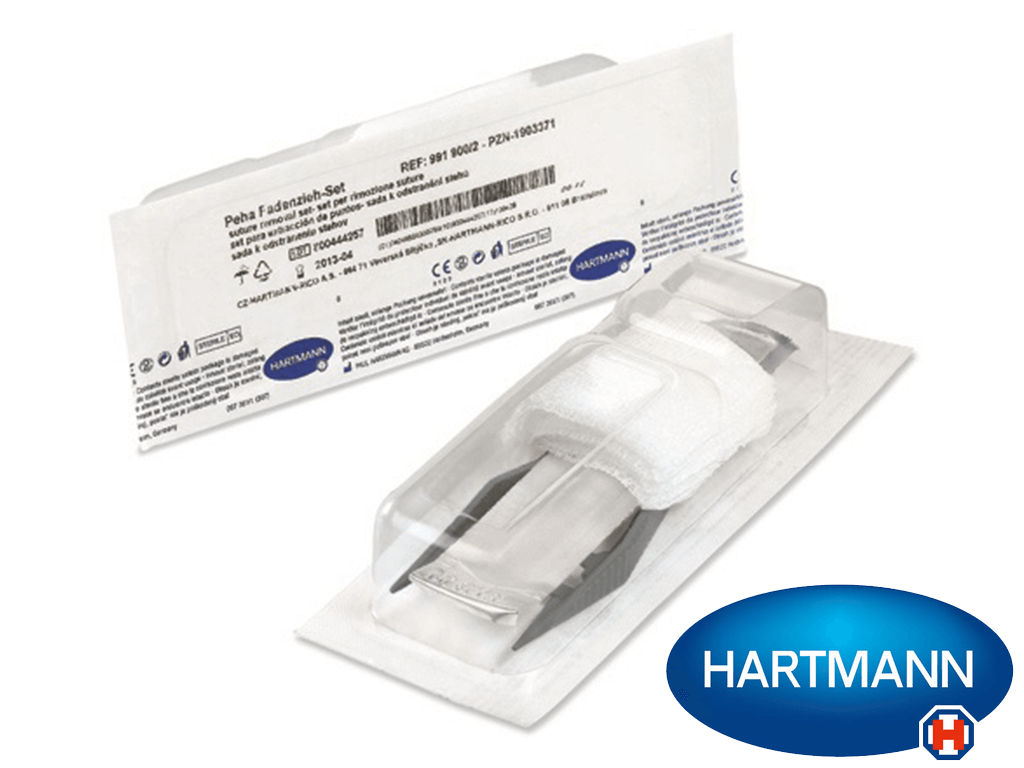 Peha® Fadenzieh-Set in transparenter Verpackung mit Hartmann-Logo.