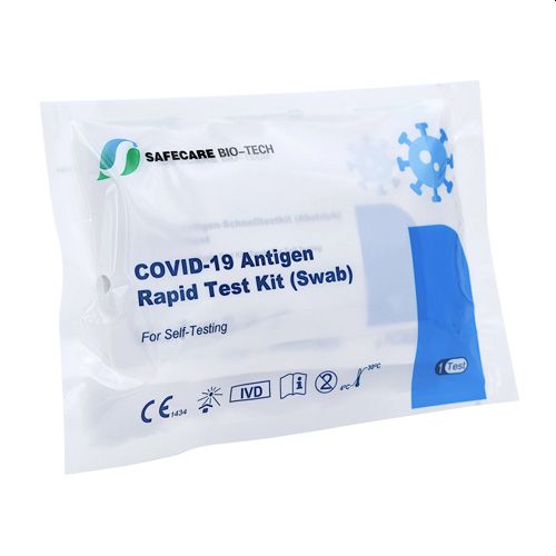 SAFECARE COVID-19 Antigen Rapid Test Kit Verpackung mit Symbolen und Anleitung.