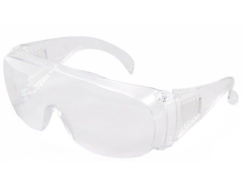 Leichte Schutzbrille aus transparentem Polycarbonat mit seitlichem Augenschutz.