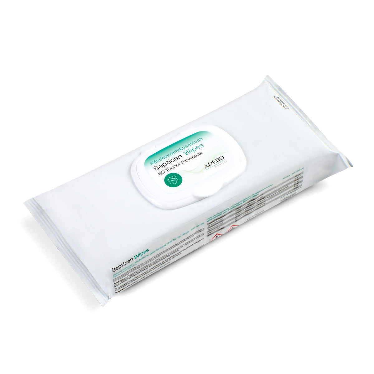 Septican Wipes in weißer Verpackung mit grünem Etikett und 80 Tüchern.