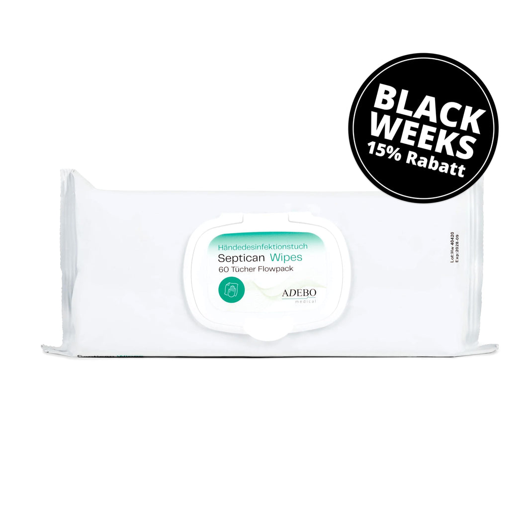 Septican Wipes Händedesinfektionstücher in weißer Verpackung mit 60 Tüchern.