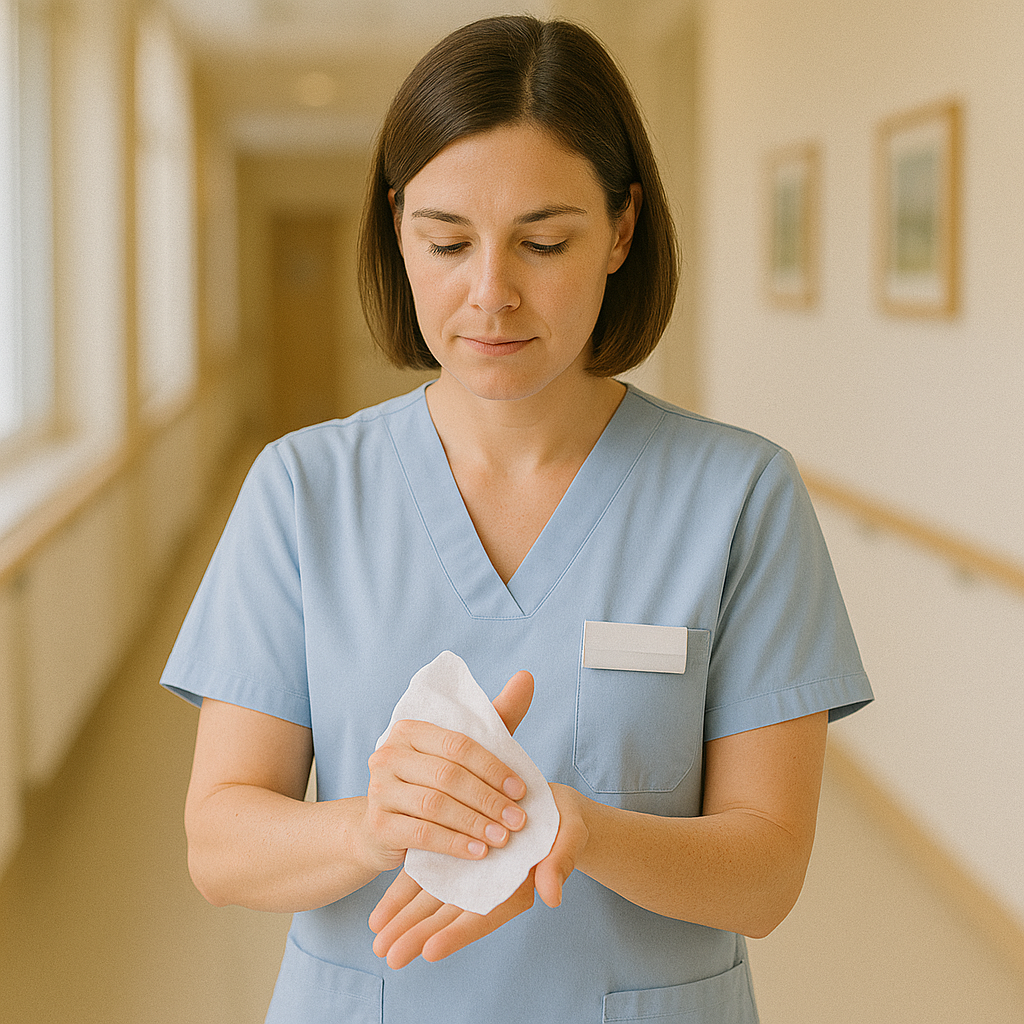 Gesundheitspersonal verwendet Septican Desinfektionstücher in einem Krankenhausflur.