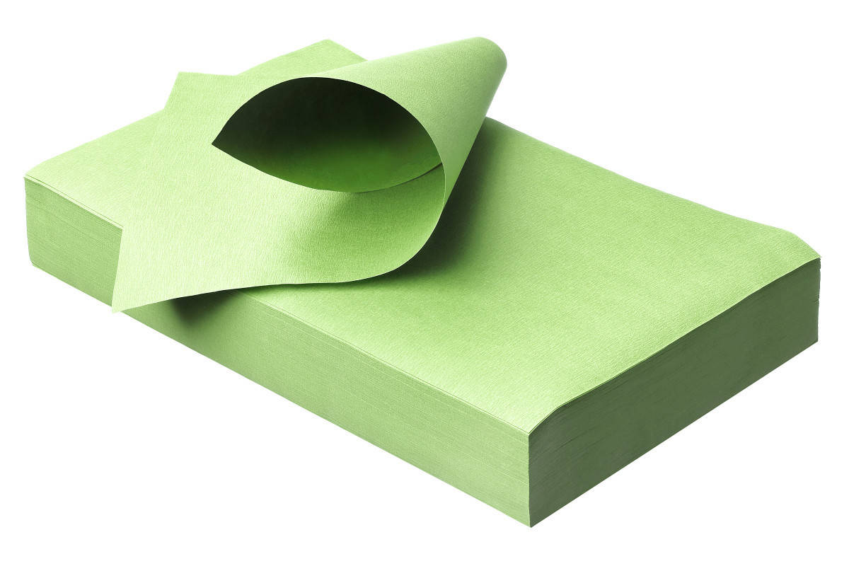 Grünes Zellstoff-Traypapier, umgeschlagenes Blatt zeigt Stapelhöhe, 18 x 28 cm.