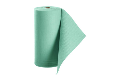 Patientenumhang aus Polyethylen in grün, aufgerollt.