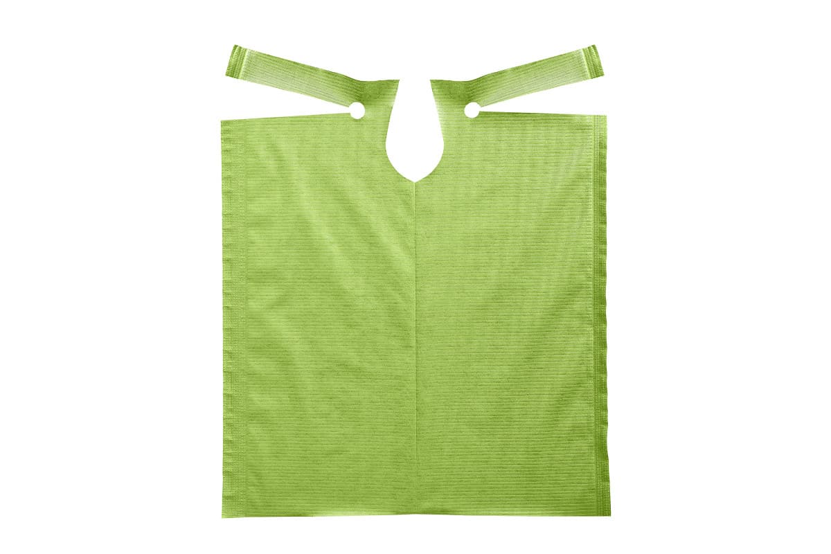 Patientenumhang aus Polyethylen in grün mit Halsausschnitt und Befestigungsbändern.