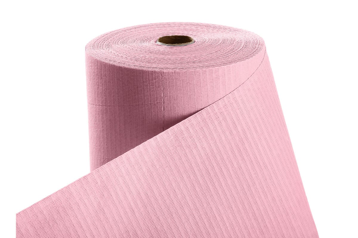 Patientenumhang aus Polyethylen in rosa, aufgerollt.