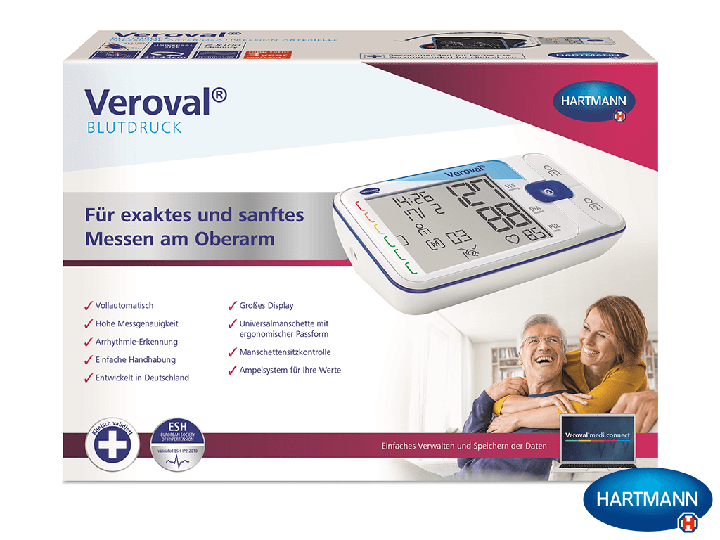 Veroval Oberarm-Blutdruckmessgerät mit großer Anzeige und Verpackung.