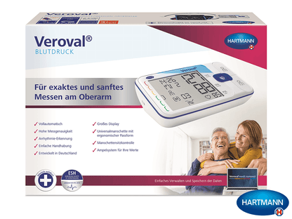 Veroval Oberarm-Blutdruckmessgerät mit großer Anzeige und Verpackung.