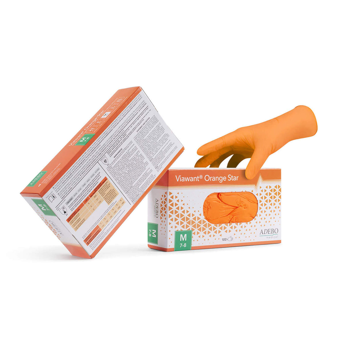 Viawant Orange Star Nitrilhandschuhe, puderfrei, orange, Größe M, in geöffneter Verpackung.