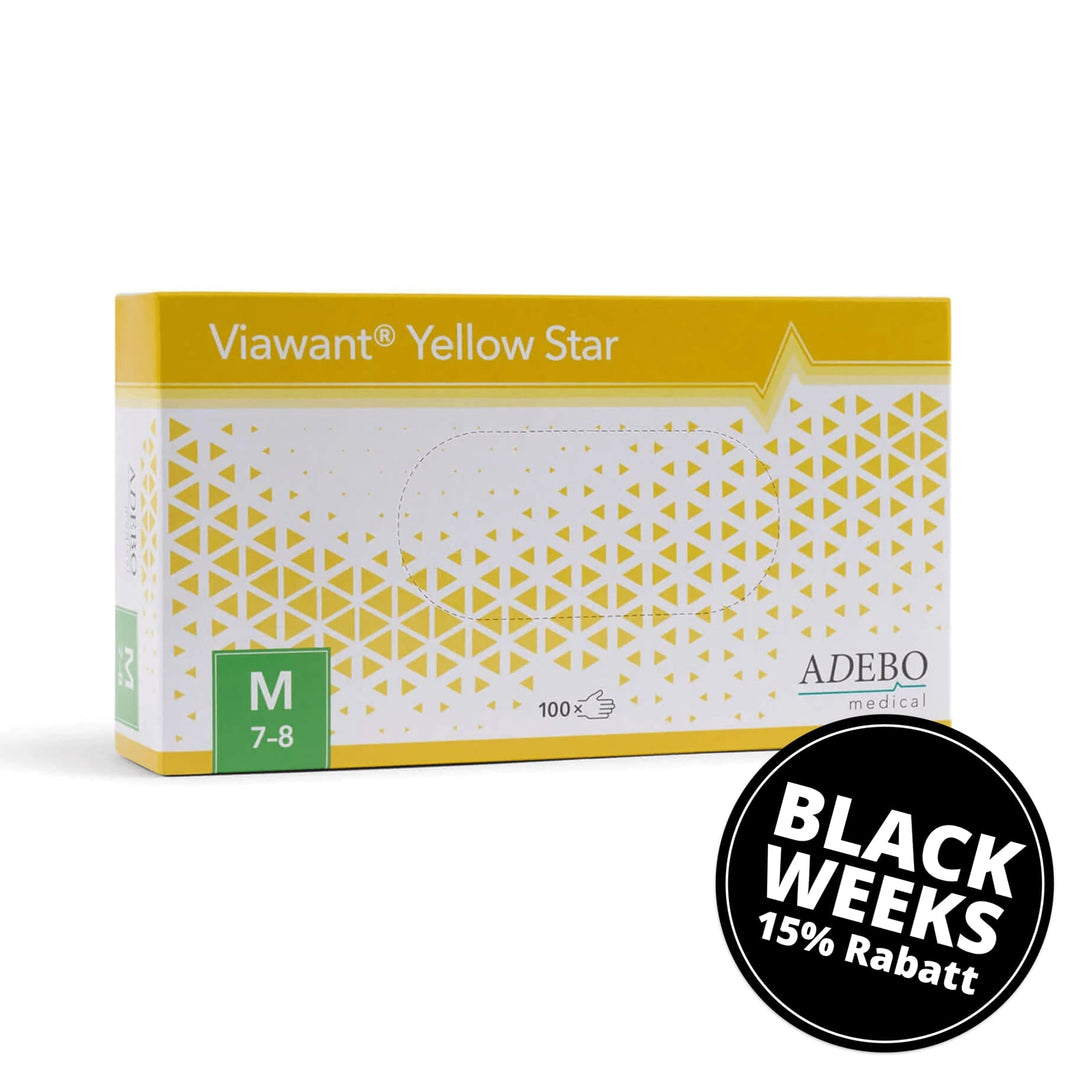 Gelbe Verpackung der Viawant Yellow Star Nitrilhandschuhe, Größe M, puderfrei.