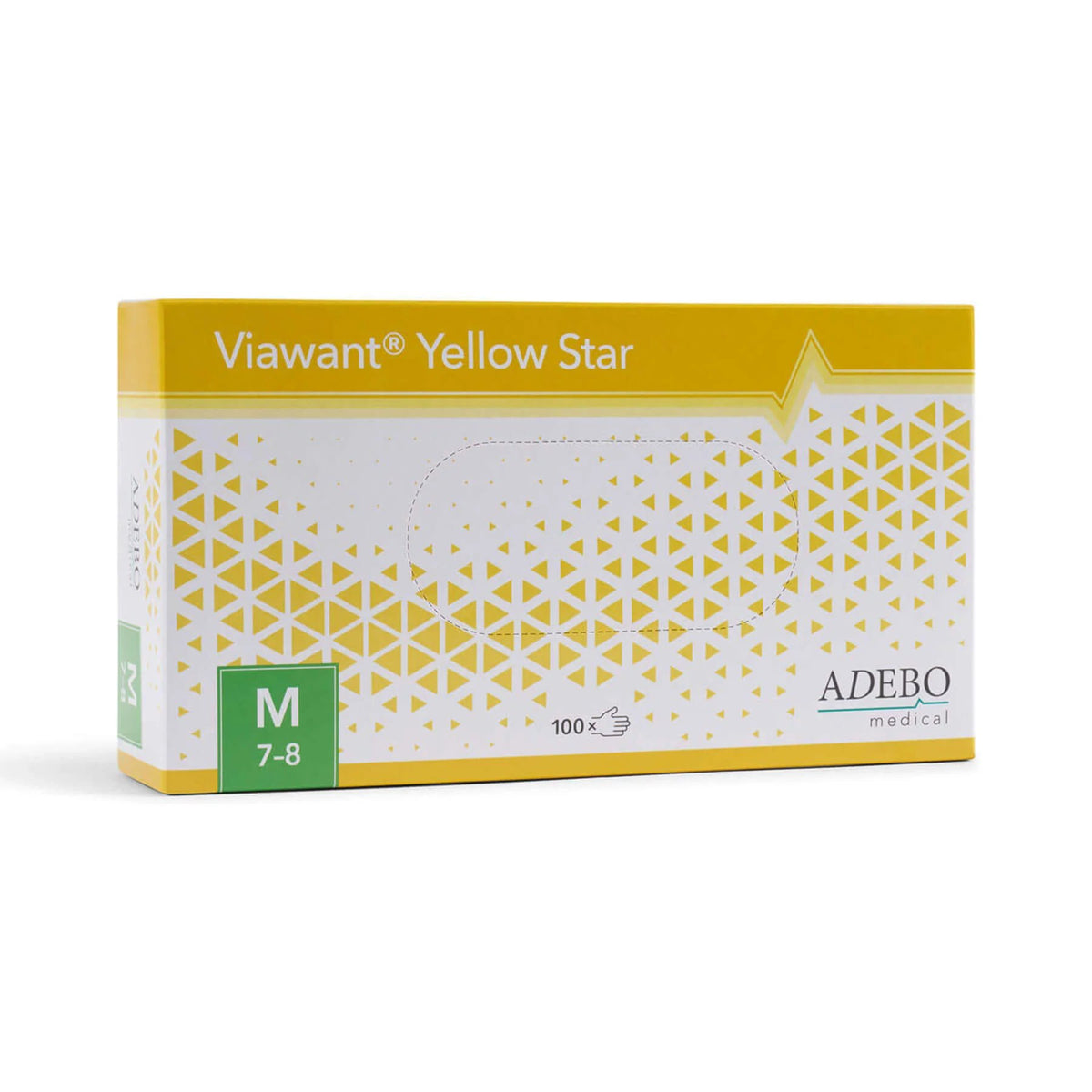 Gelbe Verpackung der Viawant Yellow Star Nitrilhandschuhe, Größe M, puderfrei.