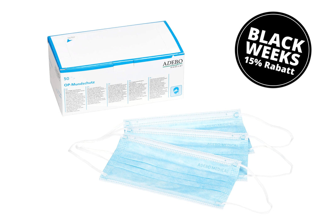 Blauer 3-lagiger Mundschutz mit elastischen Bändern und verstellbarem Nasenbügel.