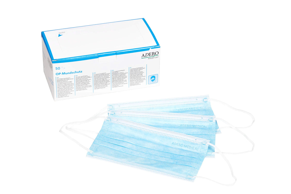 Blauer 3-lagiger Mundschutz mit elastischen Bändern und verstellbarem Nasenbügel.