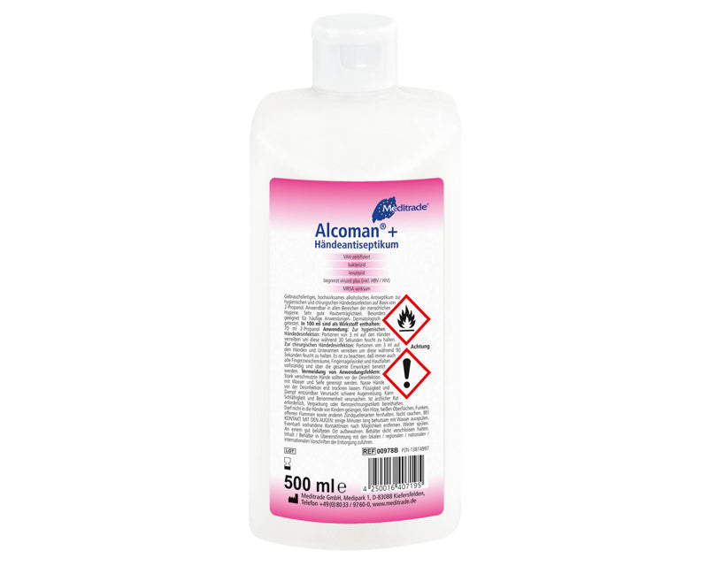 Alcoman+ Händedesinfektionsmittel in 500 ml Flasche mit Sicherheitskennzeichen.