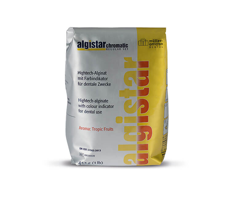 Alginat mit Farbindikator von Müller-Omicron in gelber Verpackung.