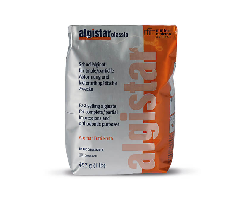 Schnellabformmaterial Alginat ohne Farbindikator von Müller-Omicron in Verpackung.