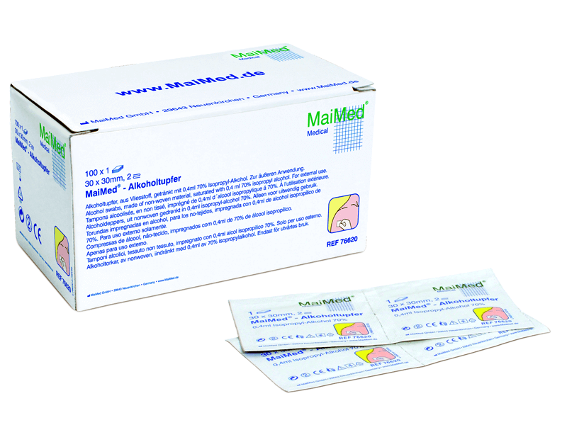 Verpackung mit Maimed Alkoholtupfer für Hautreinigung vor Injektionen.