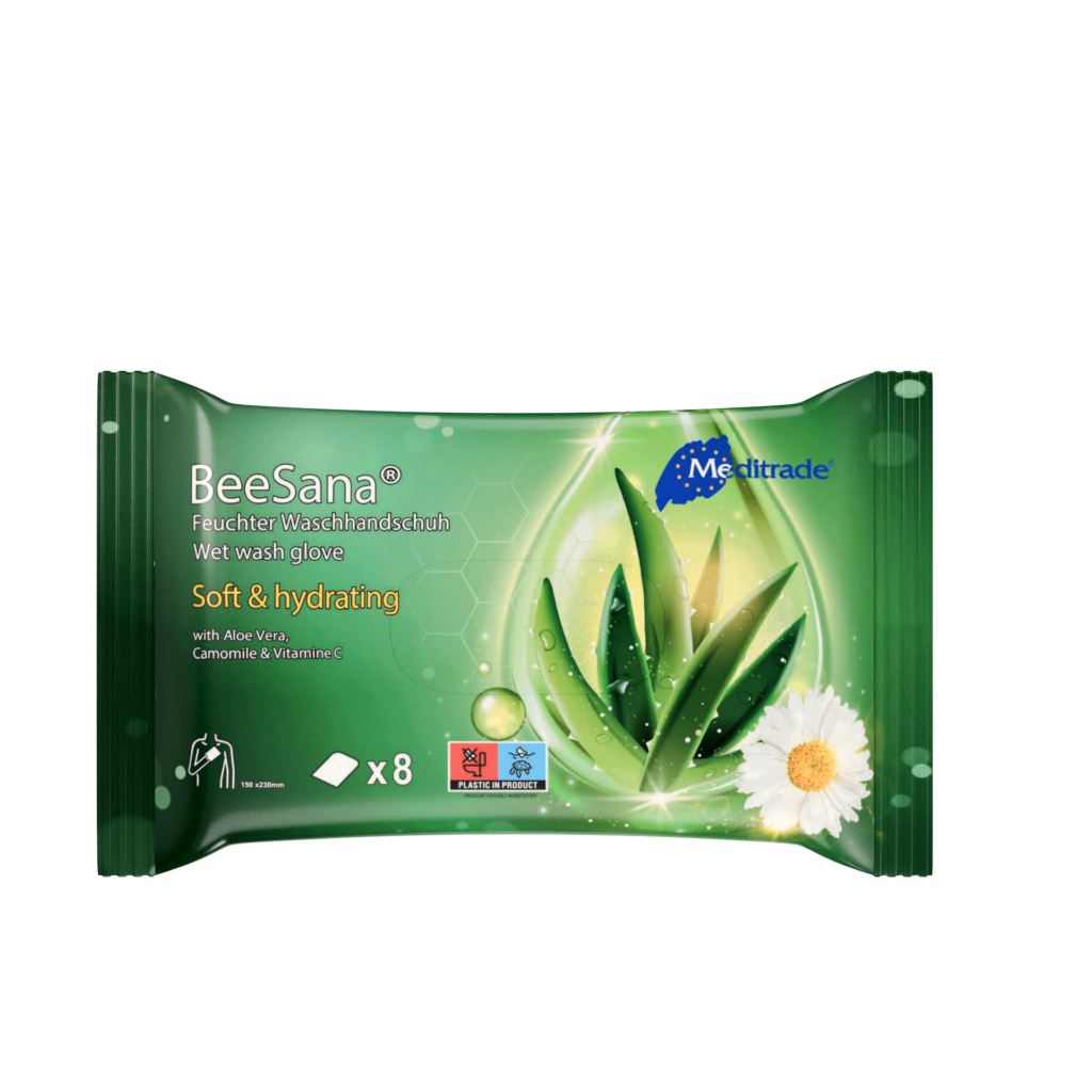 BeeSana feuchter Einweg-Waschhandschuh Verpackung mit Aloe Vera und Kamille.