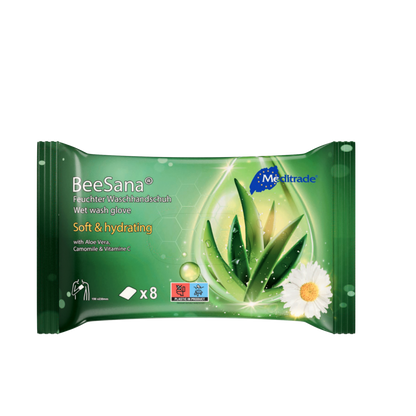 BeeSana feuchter Einweg-Waschhandschuh Verpackung mit Aloe Vera und Kamille.