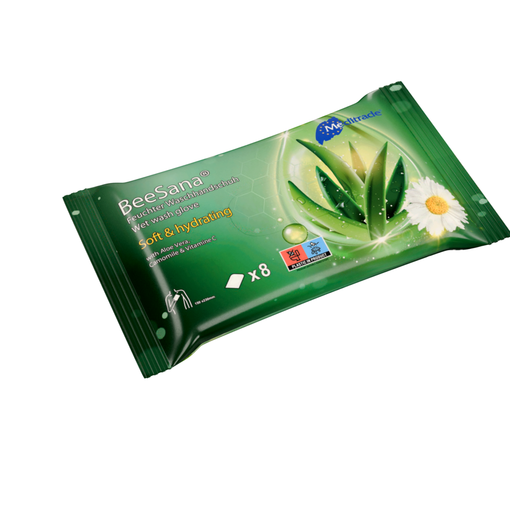BeeSana feuchte Einweg-Waschhandschuhe mit Aloe Vera und Kamille, 8 Stück, Verpackung.
