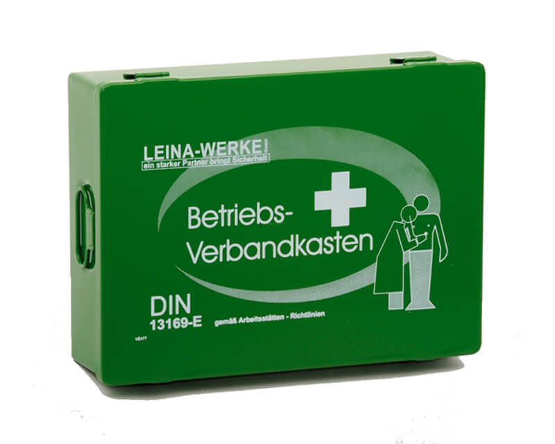 Betriebsverbandkasten DIN 13169 aus grünem Stahlblech mit weißem Kreuzsymbol.