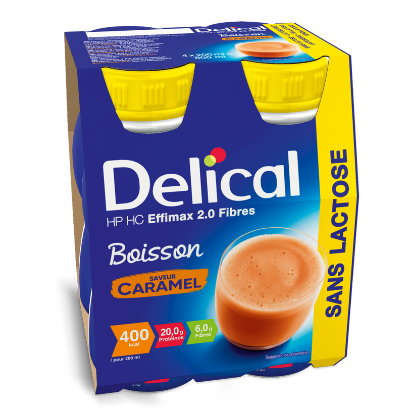 Delical HP HC EFFIMAX 2.0 Caramel Trinknahrung in 4er-Packung, ballaststoffreich und laktosefrei.