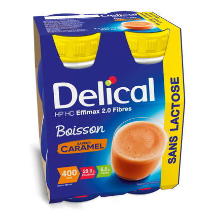 Delical HP HC EFFIMAX 2.0 Caramel Trinknahrung in 4er-Packung, ballaststoffreich und laktosefrei.