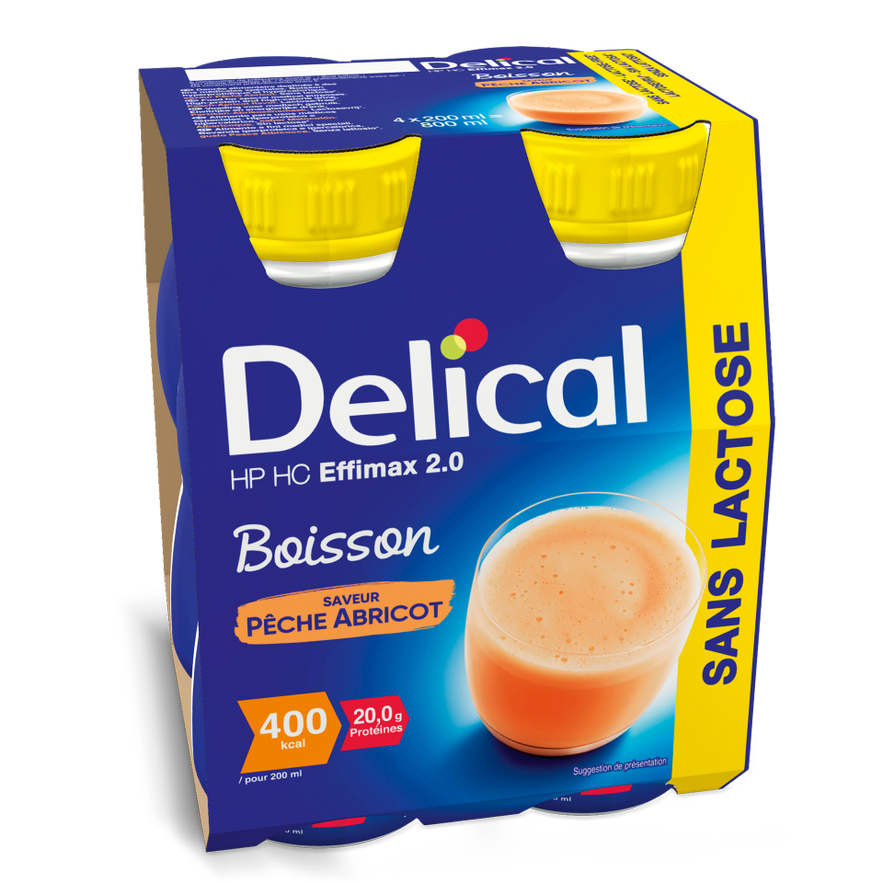 Delical HP HC Effimax 2.0 Pfirsich-Aprikose, hochkalorische Trinknahrung ohne Ballaststoffe.