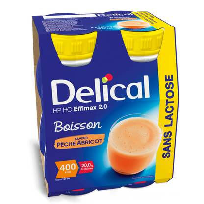 Delical HP HC Effimax 2.0 Pfirsich-Aprikose, hochkalorische Trinknahrung ohne Ballaststoffe.