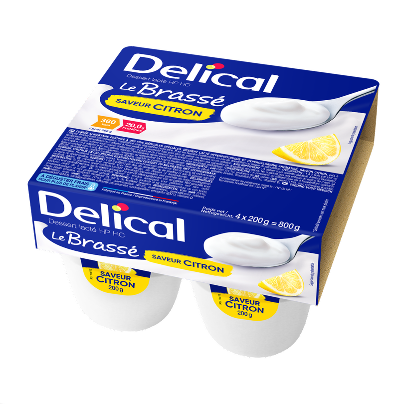 Delical HP-HC Joghurt Brassé Zitrone im Viererpack, blaue Verpackung.