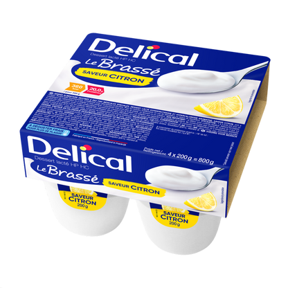Delical HP-HC Joghurt Brassé Zitrone im Viererpack, blaue Verpackung.