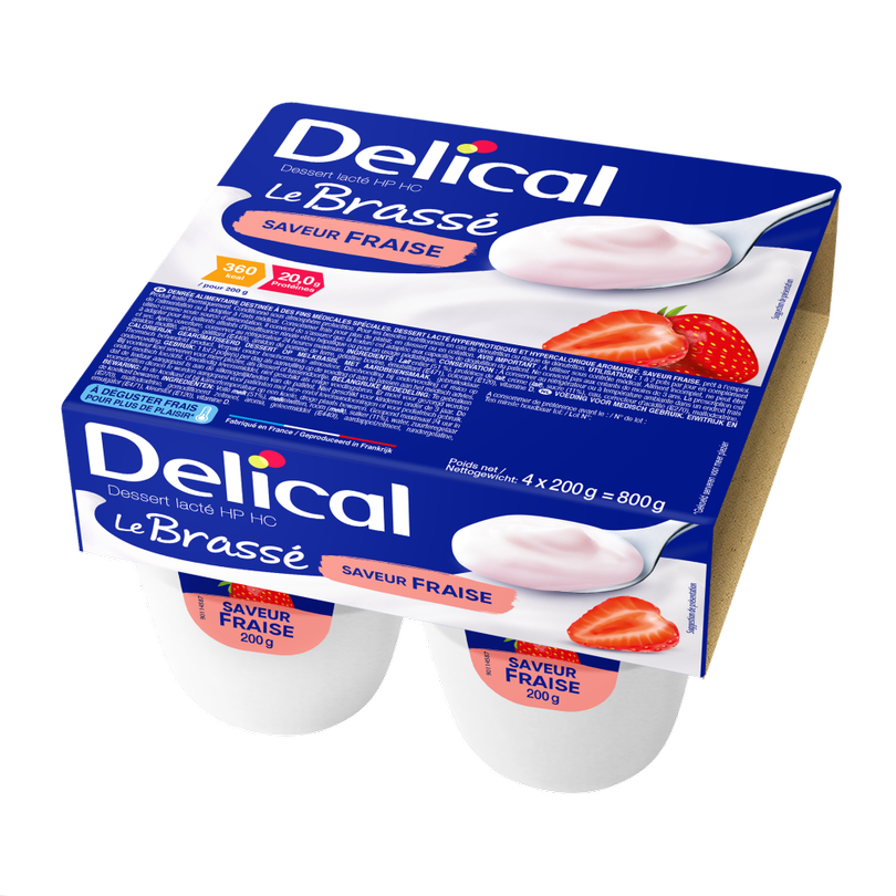 Viererpackung Delical HP-HC Joghurt Brassé Erdbeere in blauer Verpackung.
