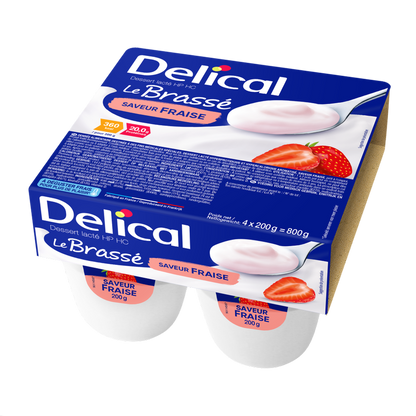 Viererpackung Delical HP-HC Joghurt Brassé Erdbeere in blauer Verpackung.